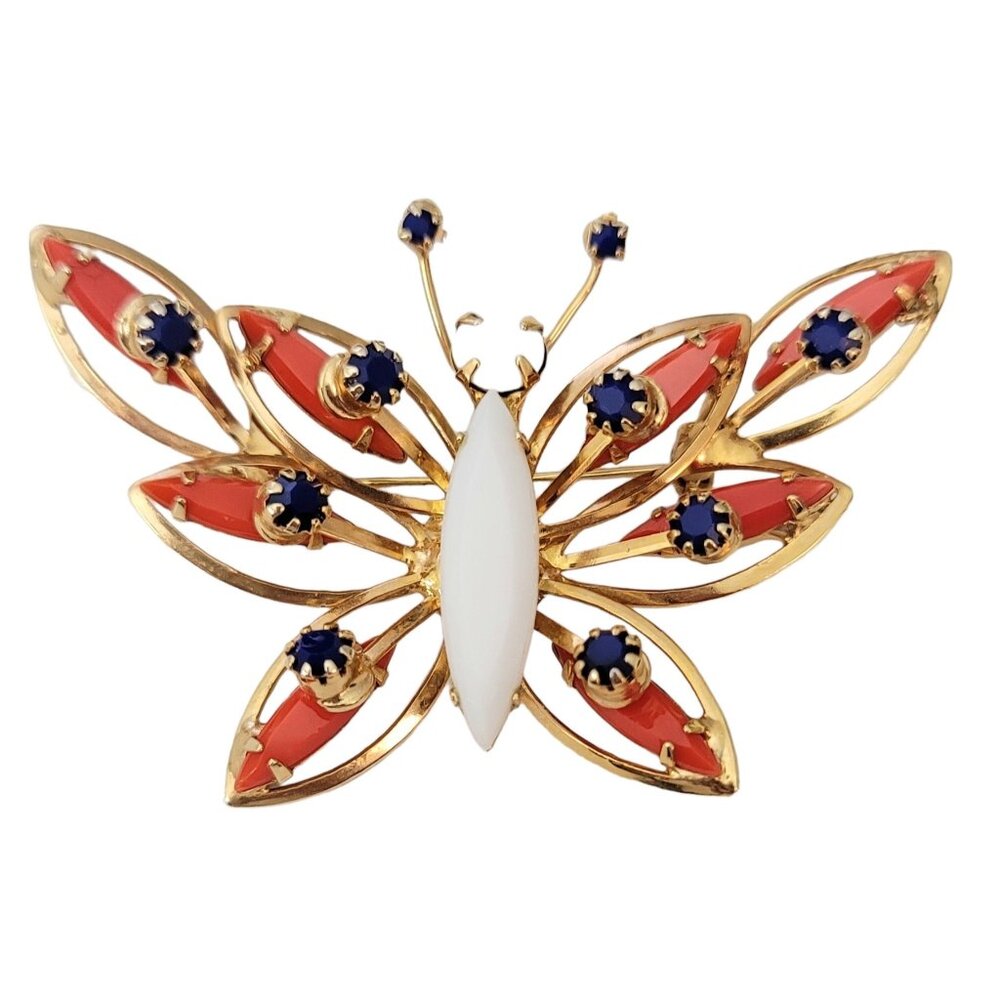 Alice Caviness Red White Blue Rhinestone Butterfly Brooch, Signed